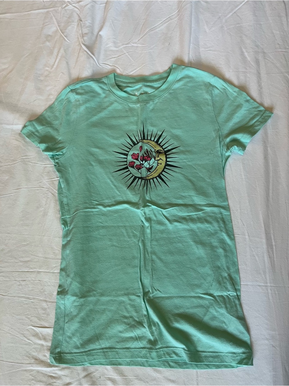 Mint Green Graphic Tee with Celestial Floral Moon